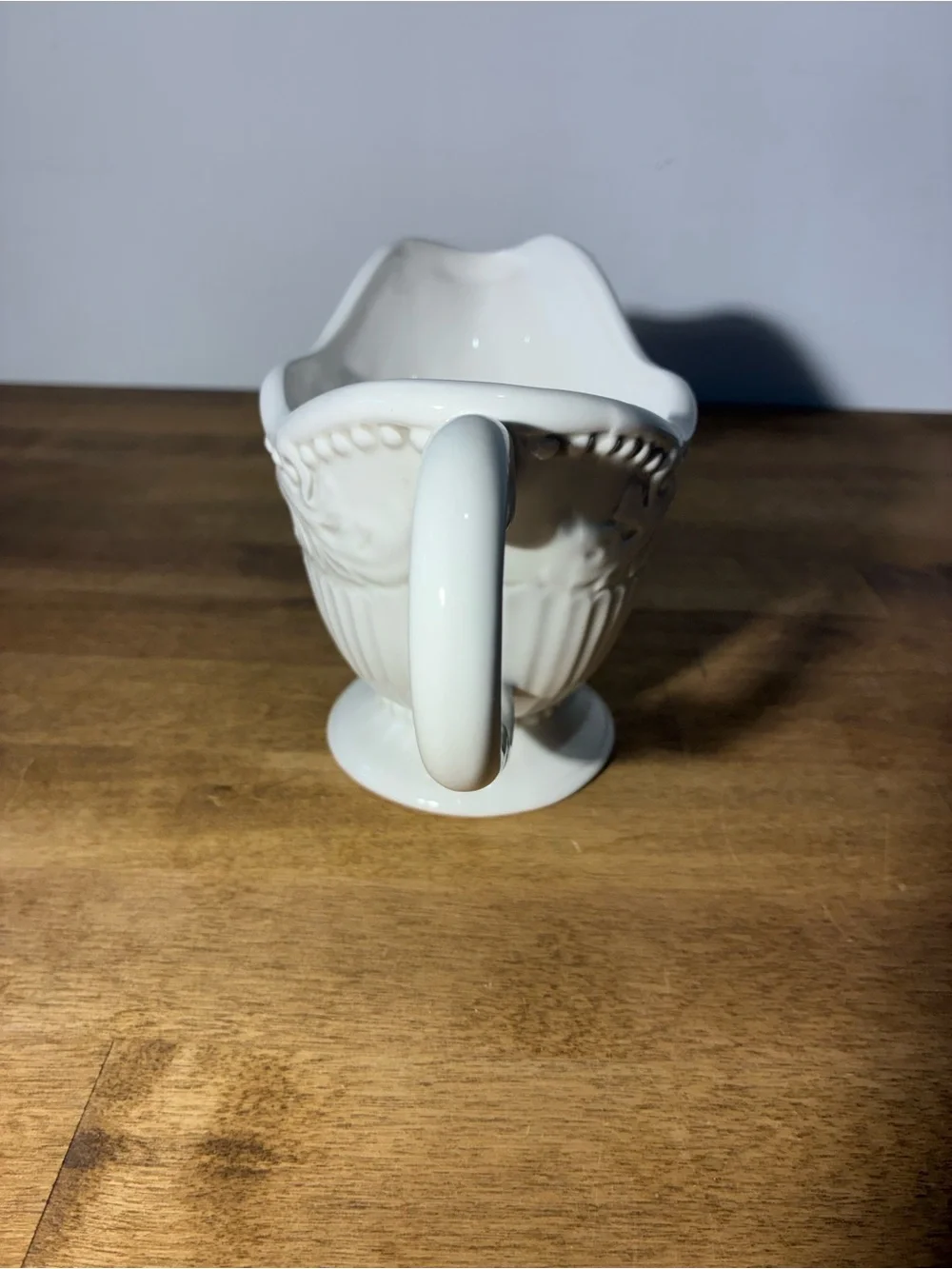 A Perfect Occasion White Embossed Gravy Boat Sauce Server Scrolls China